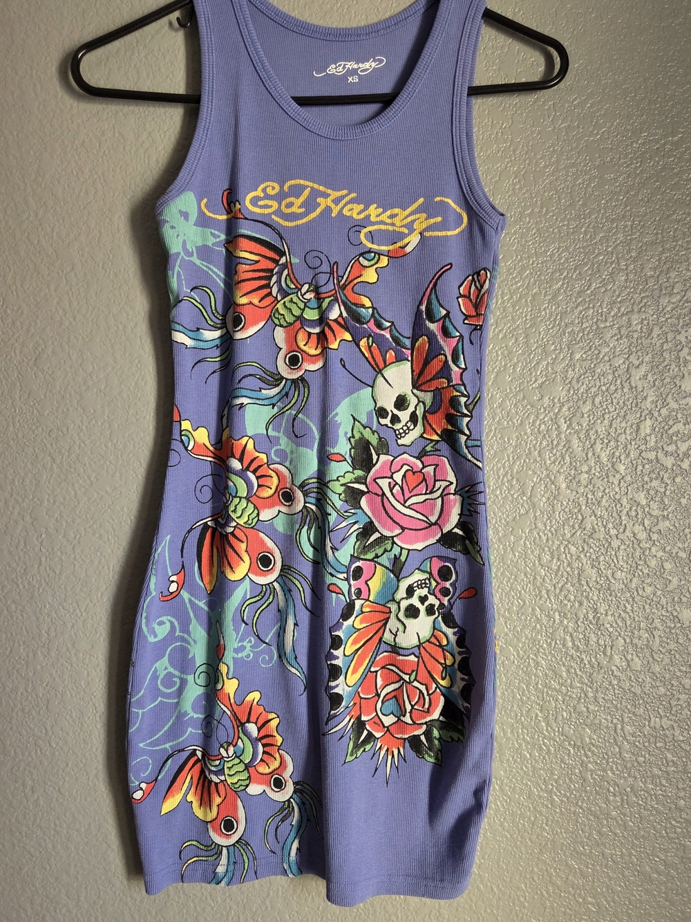 Ed Hardy Girls' Purple Graphic Tank Dress with Skull & Rose Print